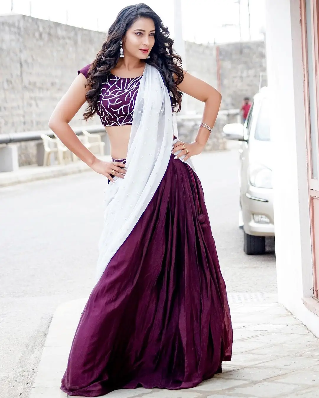 Maa TV Actress Bhanu Sri Wearing Maroon Lehenga Choli White Voni